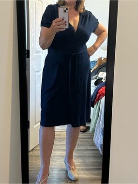 Lands' End Navy Wrap Midi Dress with Tie Waist